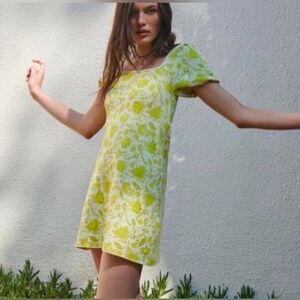 Zara Jacquard Knit Puff Sleeve Mini Dress in the lime green/yellow floral Patter
